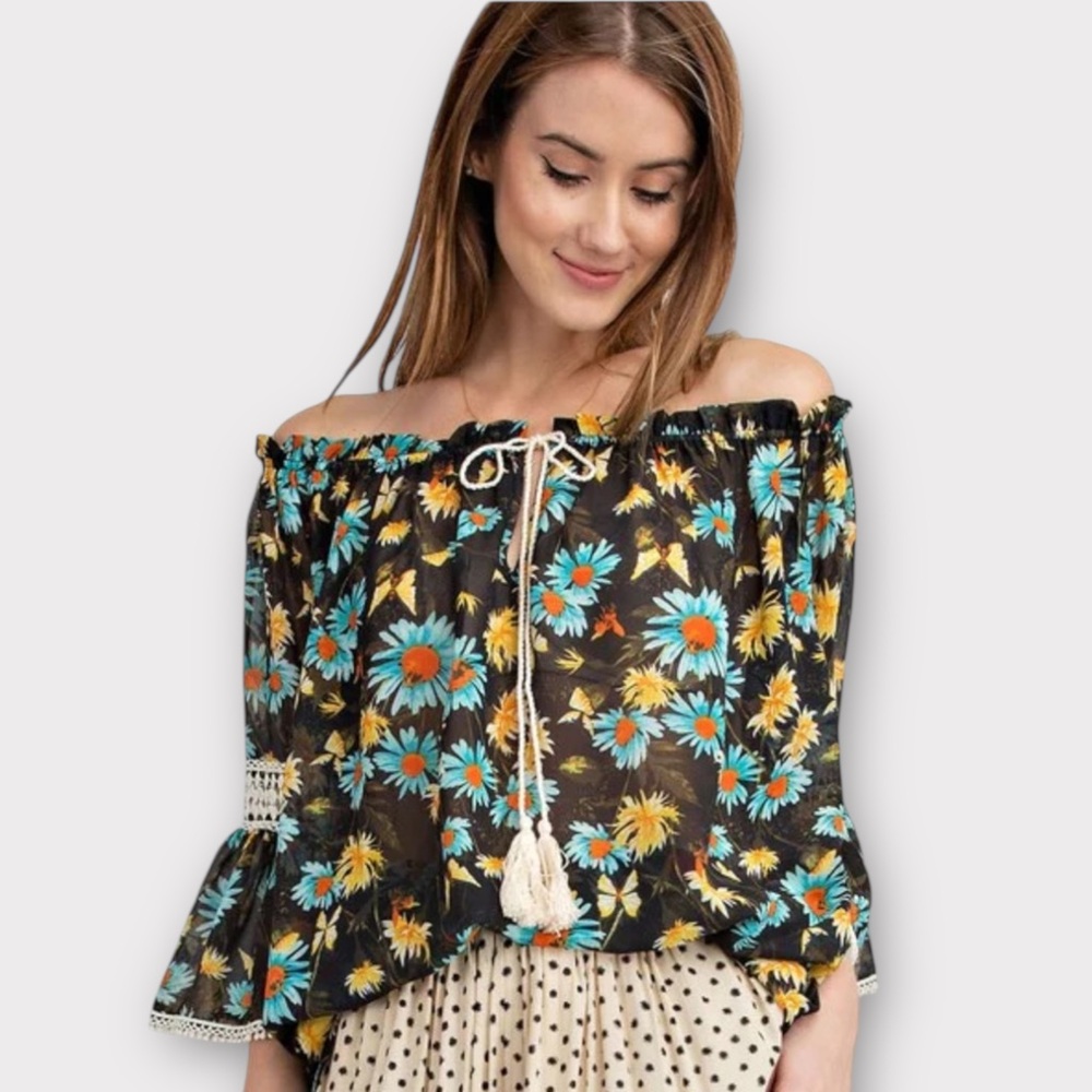 NWT. Floral Off-Shoulder Top - Black, blue, and Yellow boho style blouse